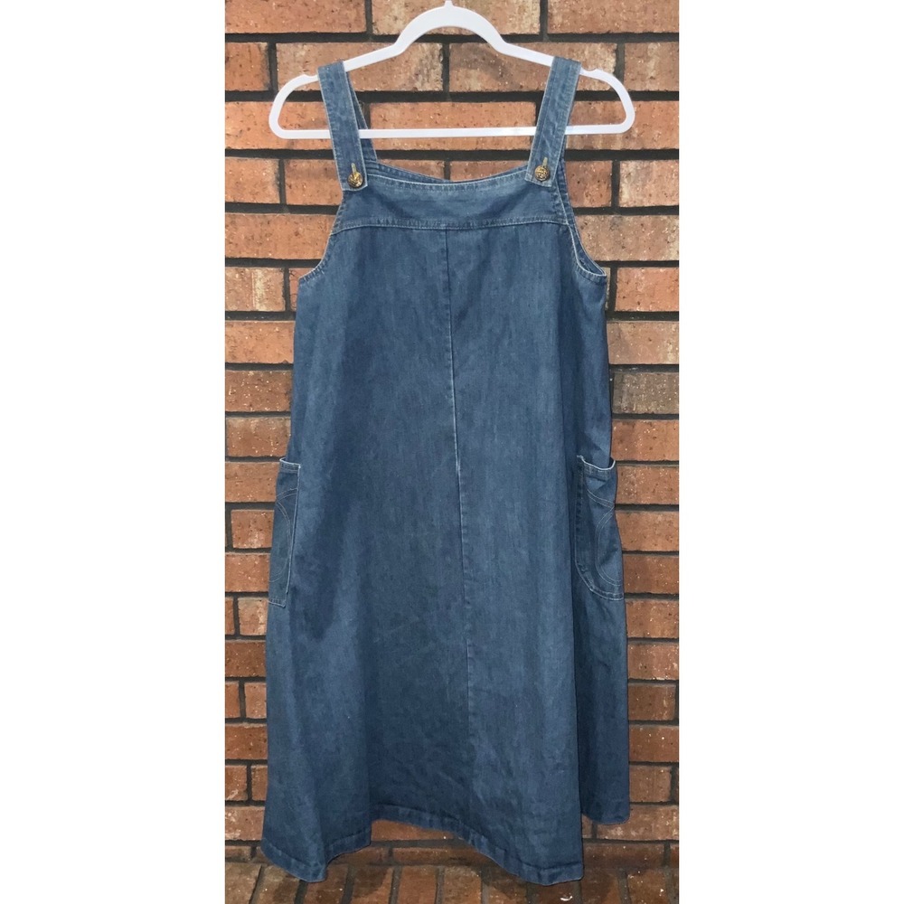 Vintage Blue Denim Pinafore Jumper Dress Gold Crest Buttons Size 12